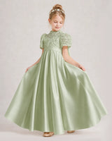 Sage Green Satin A-line First Communion Dress Front View