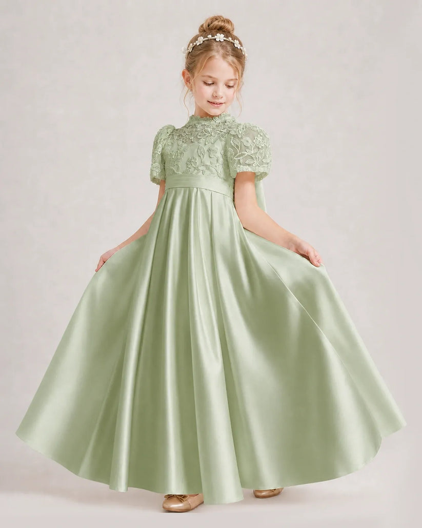 Sage Green Satin A-line First Communion Dress Front View