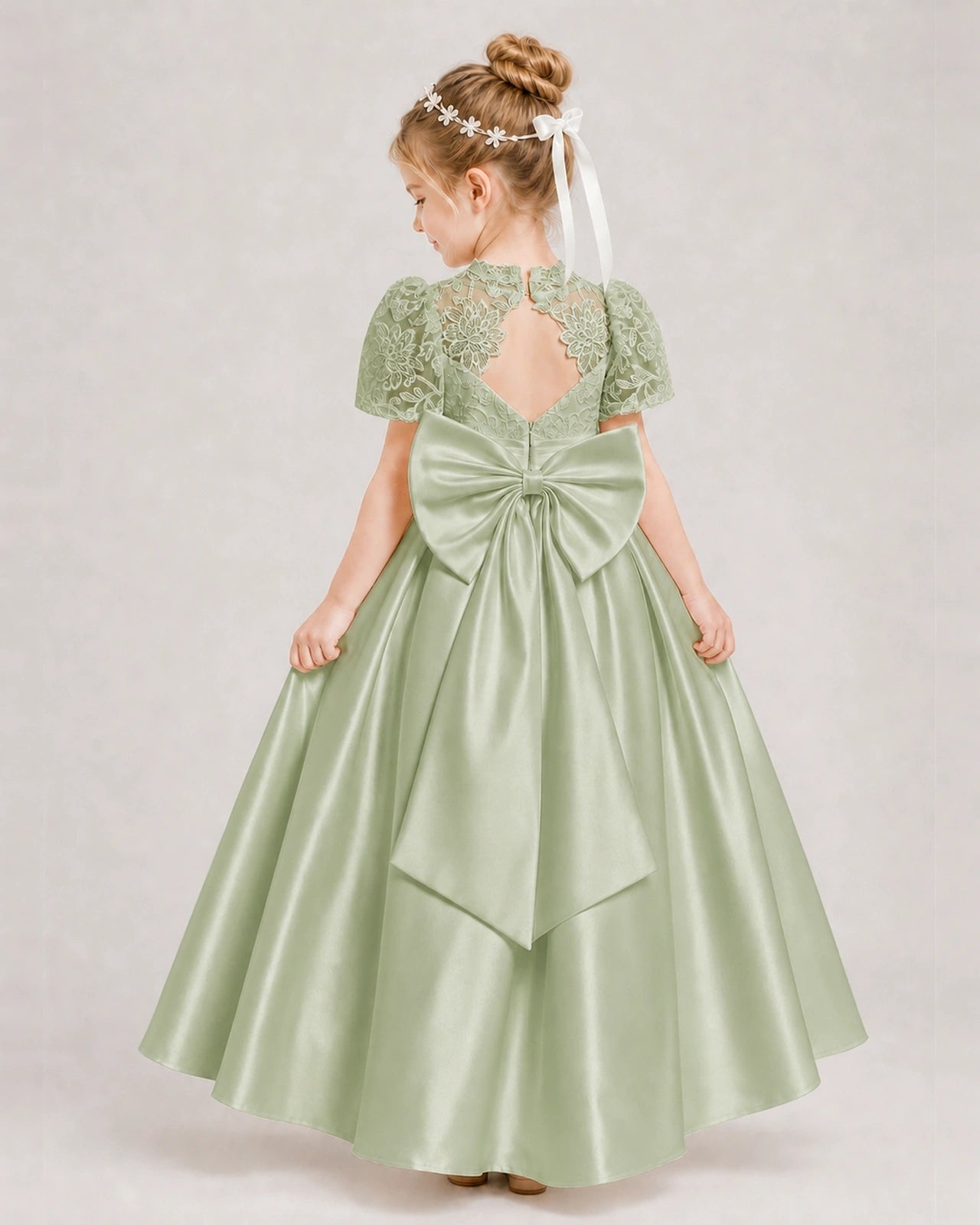 Sage Green First Communion Dresses Lace Bodice Bow Back Satin Floor-Length Gown Back View