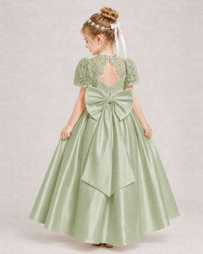 Sage Green First Communion Dresses Lace Bodice Bow Back Satin Floor-Length Gown Back View