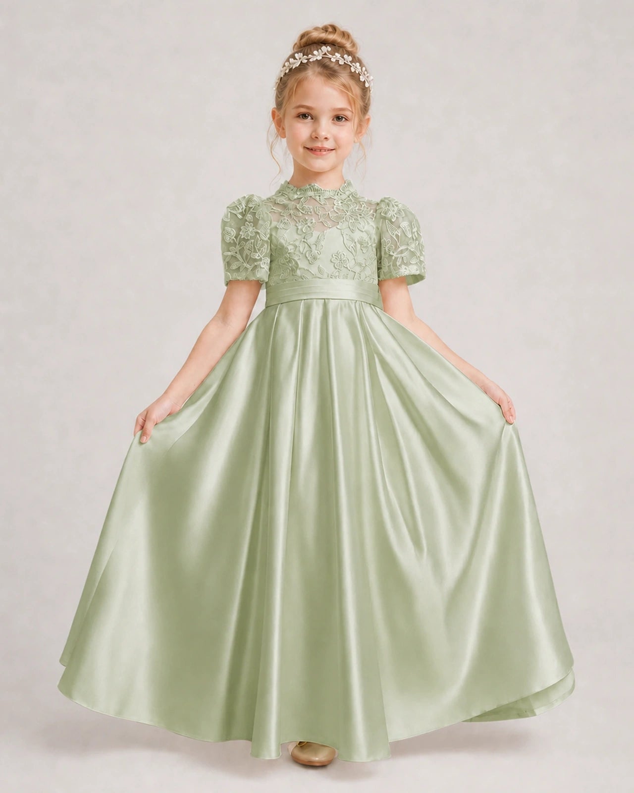Sage Green First Communion Dresses Lace Bodice Bow Back Satin Floor-Length Gown Front View