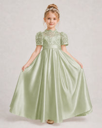 Sage Green First Communion Dresses Lace Bodice Bow Back Satin Floor-Length Gown Front View