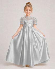 Silver First Communion Dresses Lace Bodice Bow Back Satin Floor-Length Gown Front View