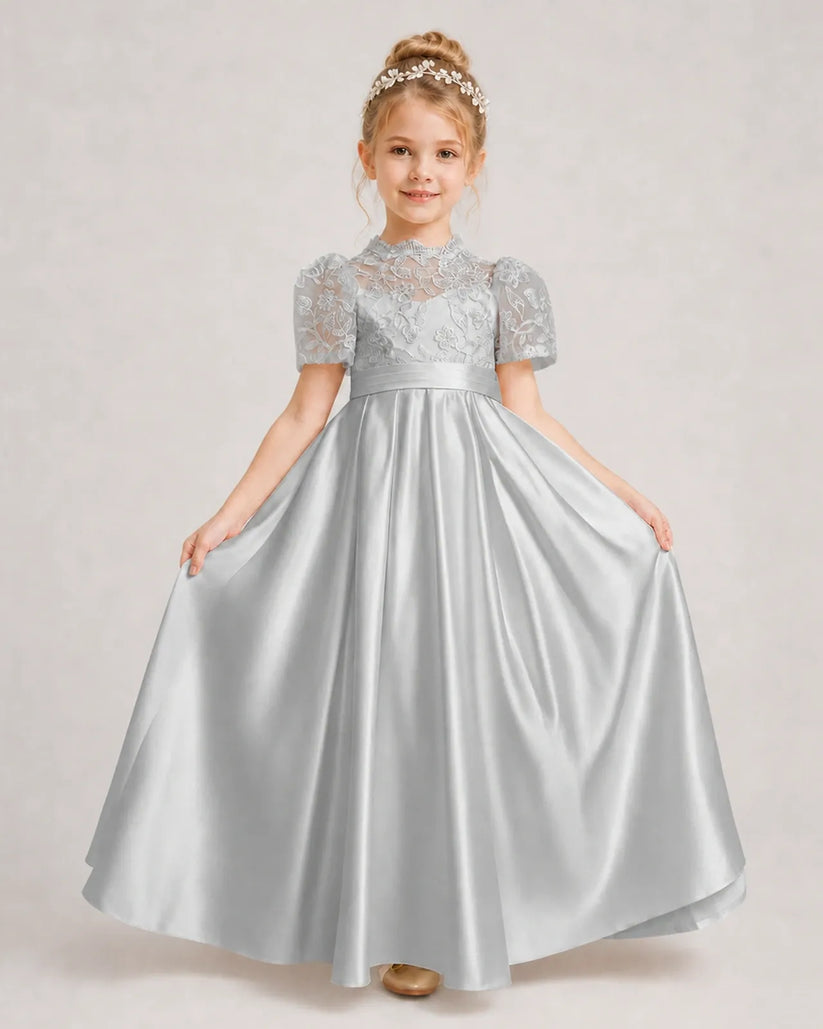 Silver Satin A-line First Communion Dress Front View