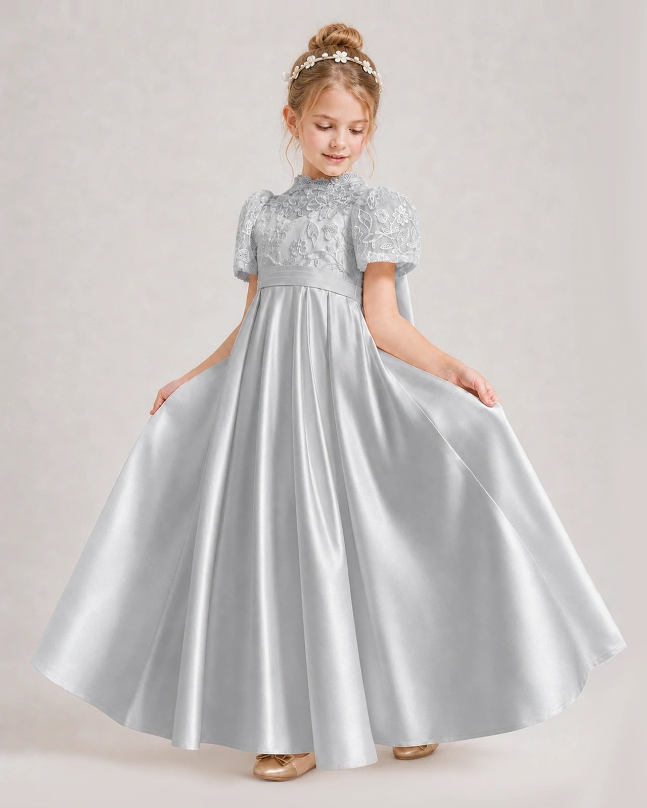 Silver First Communion Dresses Lace Bodice Bow Back Satin Floor-Length Gown Front View