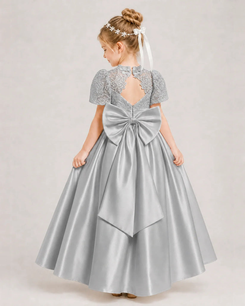 Silver Satin A-line First Communion Dress Back View