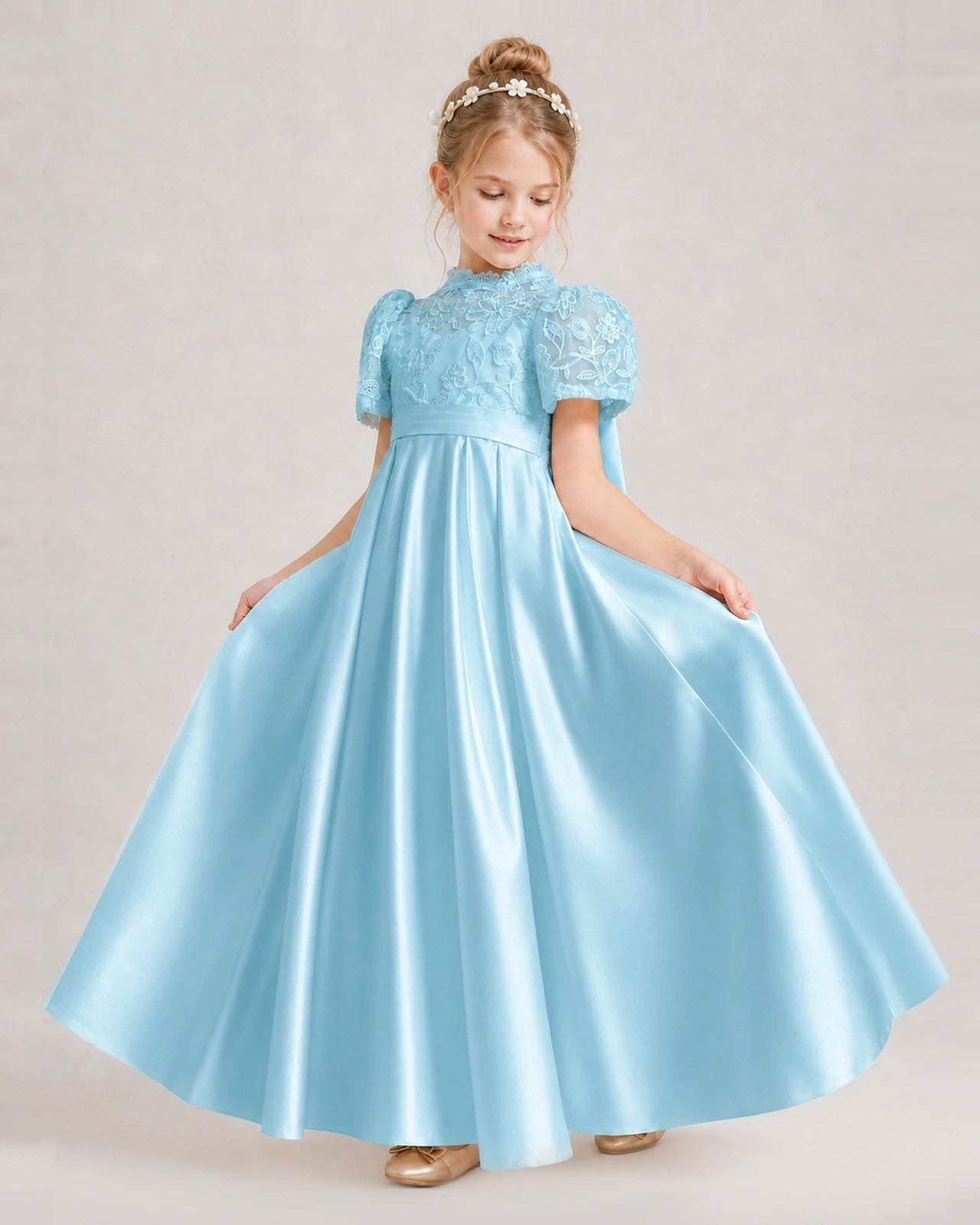 Sky Blue First Communion Dresses Lace Bodice Bow Back Satin Floor-Length Gown Front View