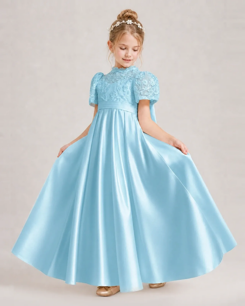 Sky Blue Satin A-line First Communion Dress Front View
