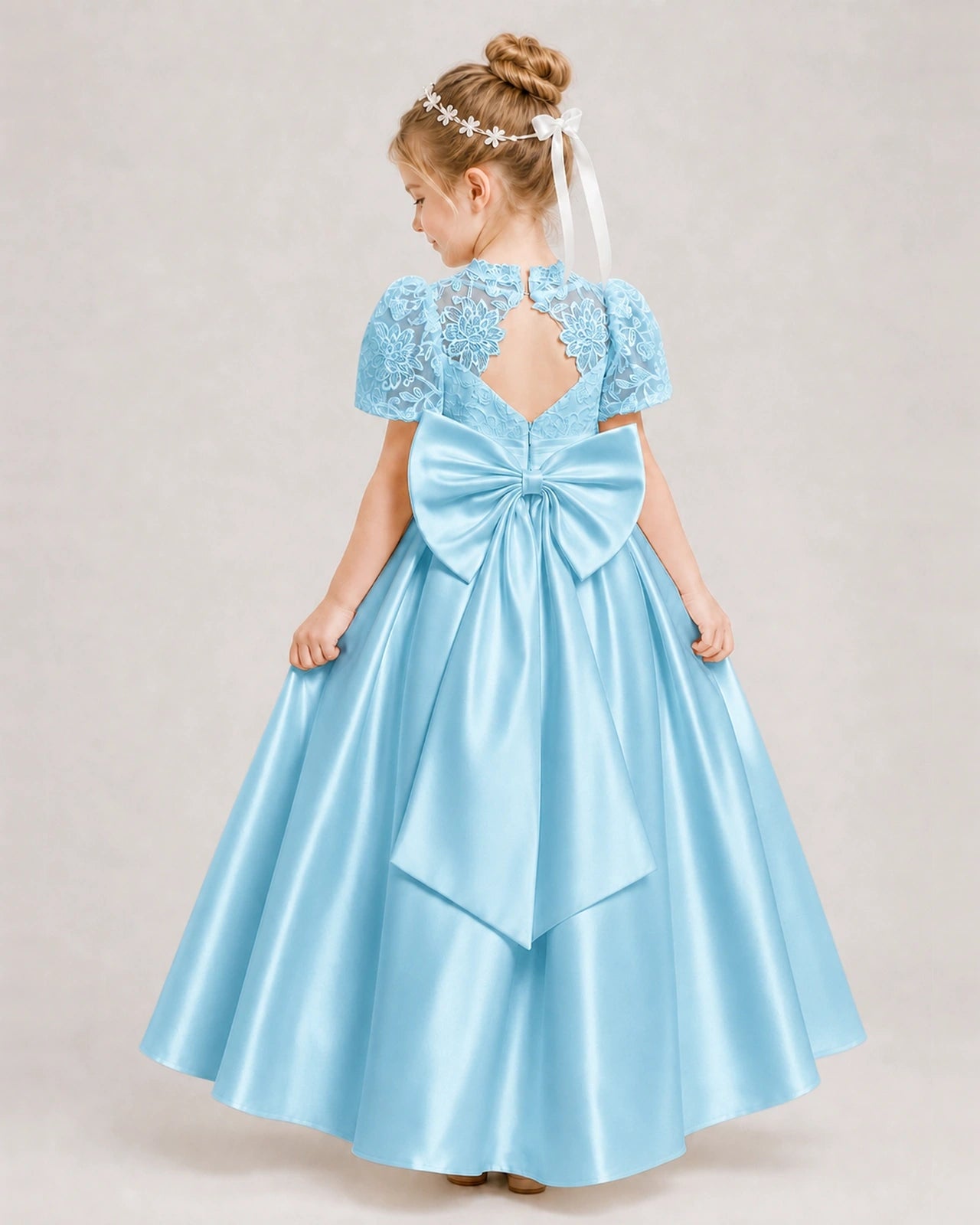 Sky Blue First Communion Dresses Lace Bodice Bow Back Satin Floor-Length Gown Back View