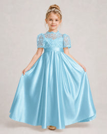 Sky Blue First Communion Dresses Lace Bodice Bow Back Satin Floor-Length Gown Front View