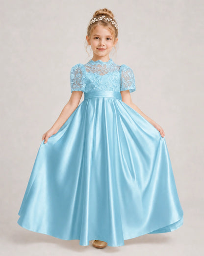 Sky Blue First Communion Dresses Lace Bodice Bow Back Satin Floor-Length Gown Front View