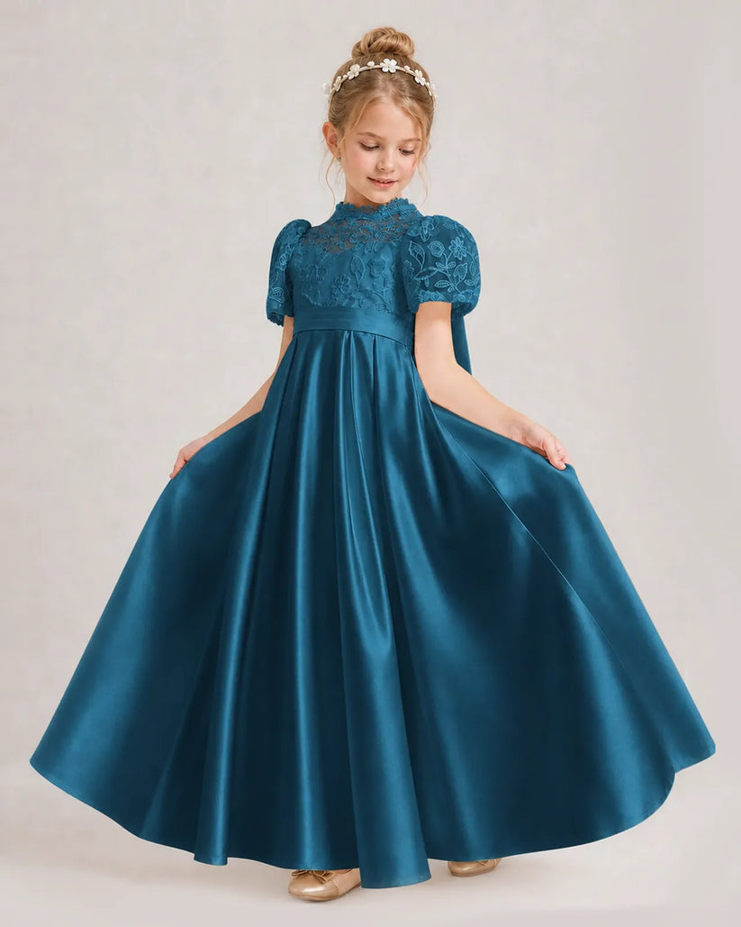 Teal Satin A-line First Communion Dress Front View