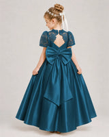 Teal Satin A-line First Communion Dress Back View