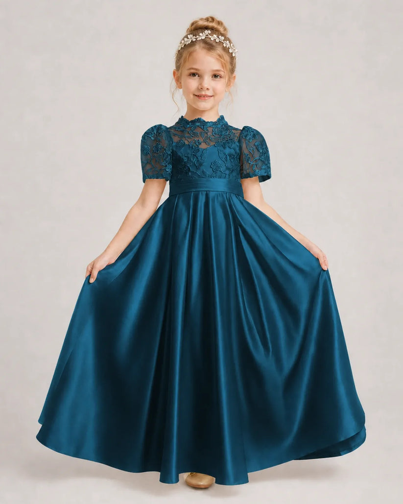 Teal Satin A-line First Communion Dress Front View