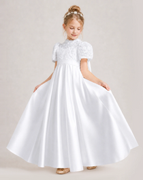 White First Communion Dresses Lace Bodice Bow Back Satin Floor-Length Gown Front View