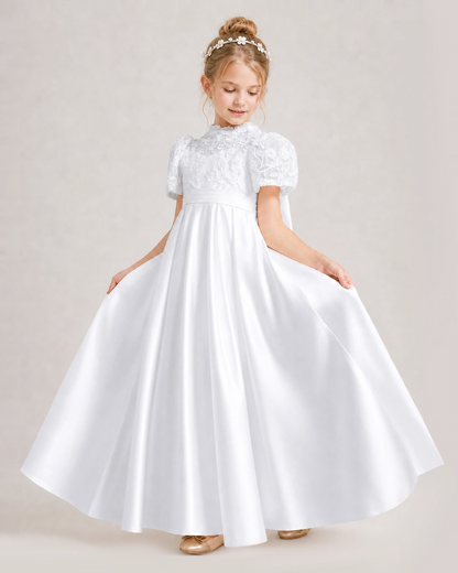 White First Communion Dresses Lace Bodice Bow Back Satin Floor-Length Gown Front View
