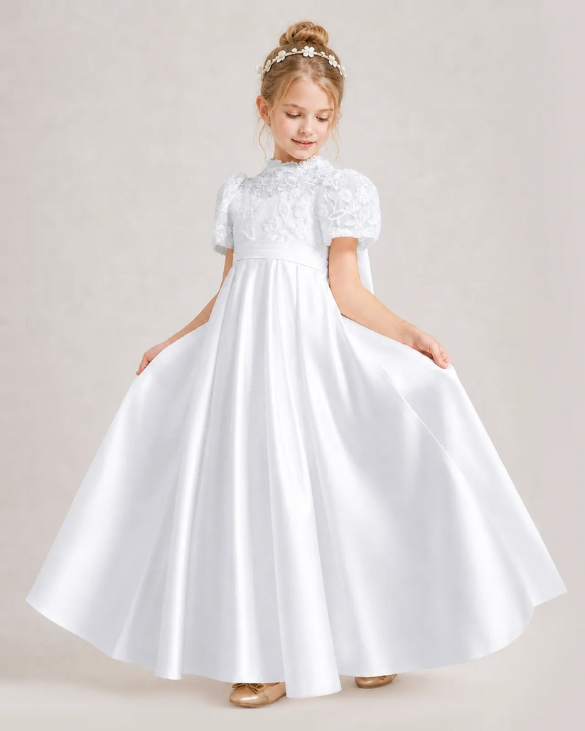 White Satin A-line First Communion Dress Front View