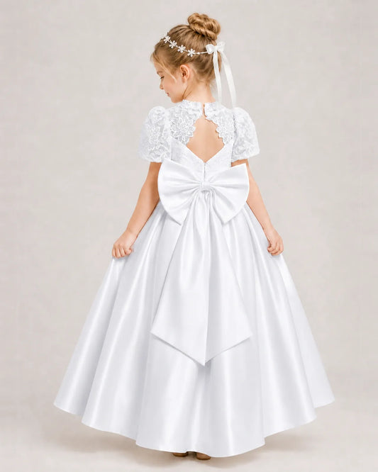 White Satin A-line First Communion Dress Back View