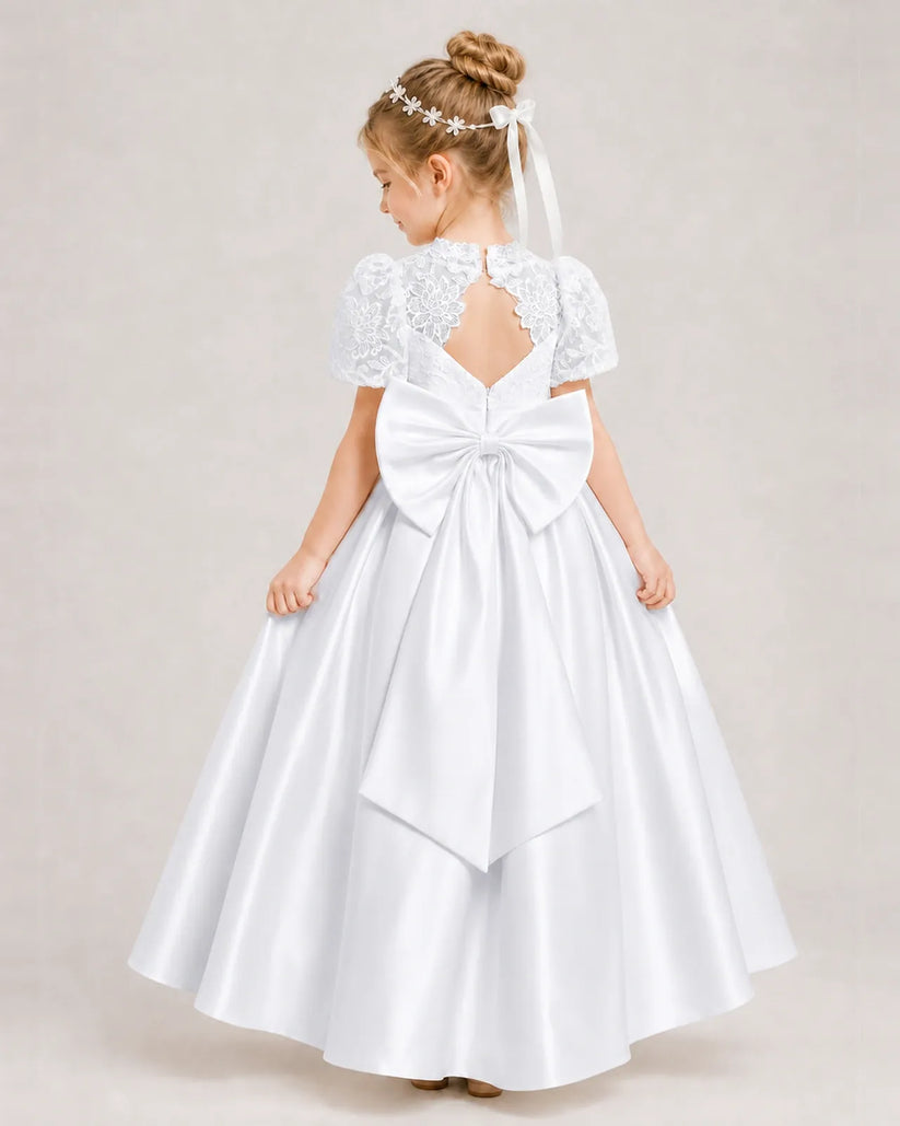 White Satin A-line First Communion Dress Back View
