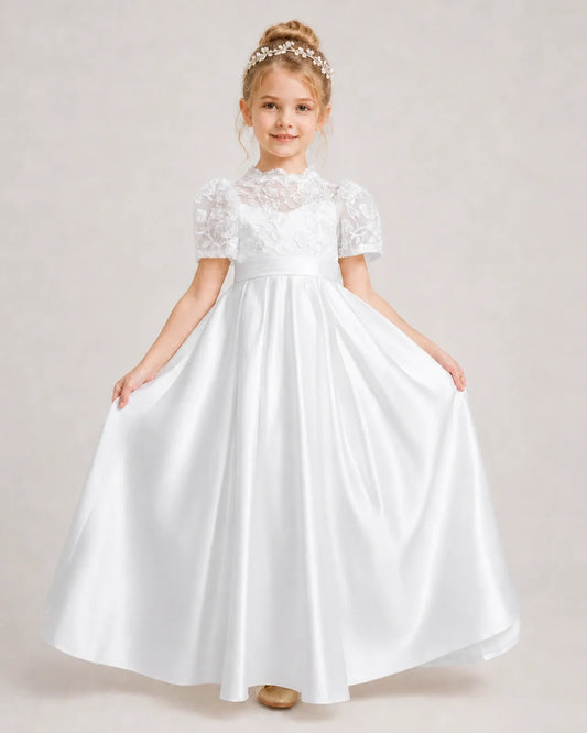 White Satin A-line First Communion Dress Front View