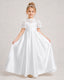 White First Communion Dresses Lace Bodice Bow Back Satin Floor-Length Gown Front View