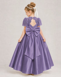 Wisteria First Communion Dresses Lace Bodice Bow Back Satin Floor-Length Gown Back View
