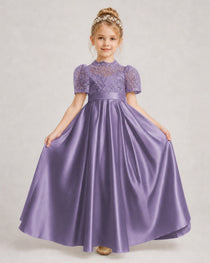 Wisteria First Communion Dresses Lace Bodice Bow Back Satin Floor-Length Gown Front View