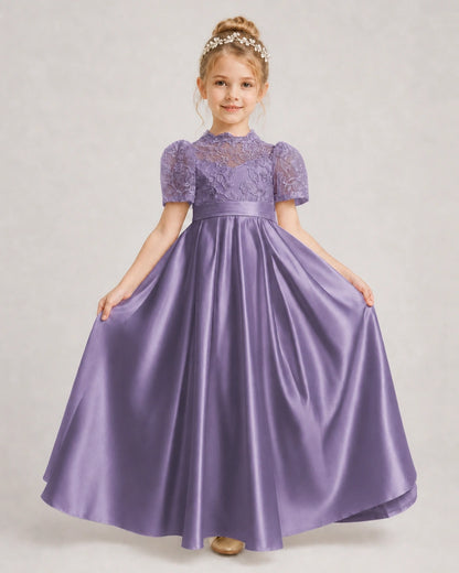 Wisteria First Communion Dresses Lace Bodice Bow Back Satin Floor-Length Gown Front View