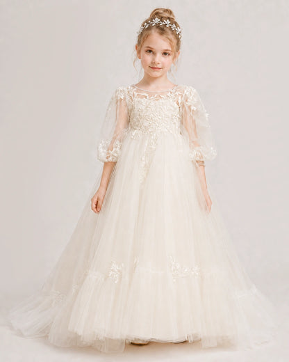 Champagne First Communion Dresses Sheer Lantern Sleeve Lace Trim Tulle Floor-Length Gown Front View