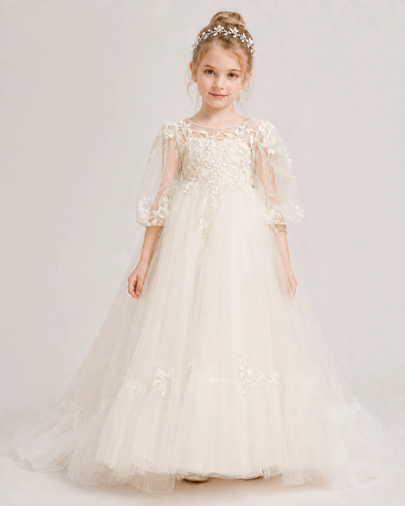 Champagne Tulle A-line First Communion Dress Front View
