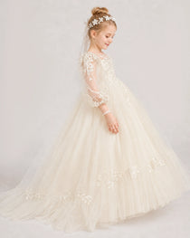Champagne First Communion Dresses Sheer Lantern Sleeve Lace Trim Tulle Floor-Length Gown Side View
