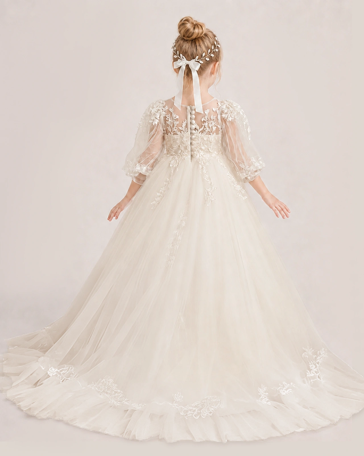 Champagne First Communion Dresses Sheer Lantern Sleeve Lace Trim Tulle Floor-Length Gown Back View