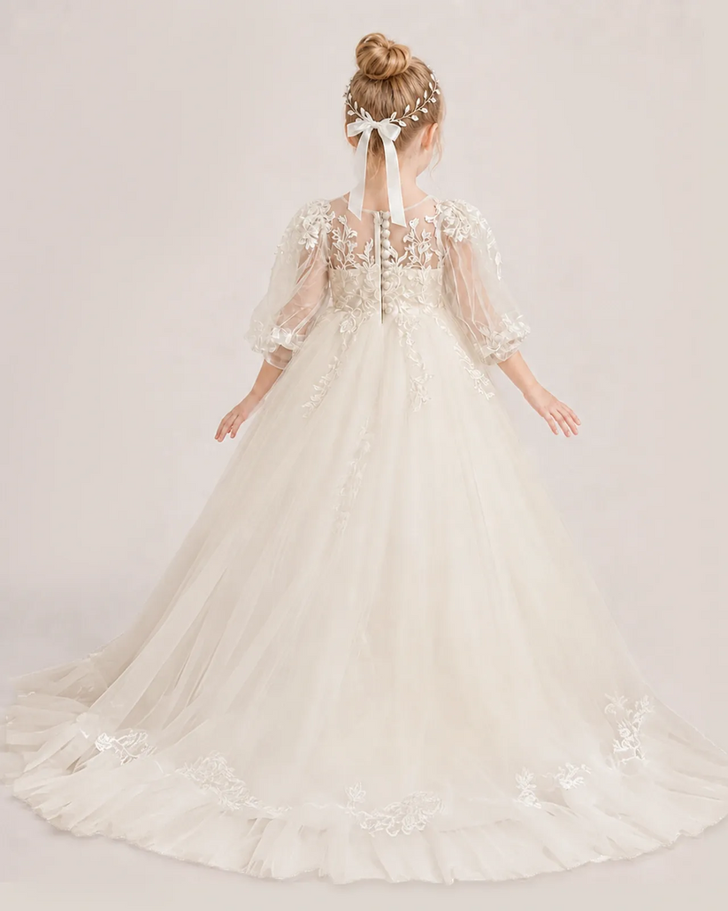 Champagne Lace A-line First Communion Dress Back View