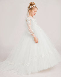 Ivory First Communion Dresses Sheer Lantern Sleeve Lace Trim Tulle Floor-Length Gown Side View