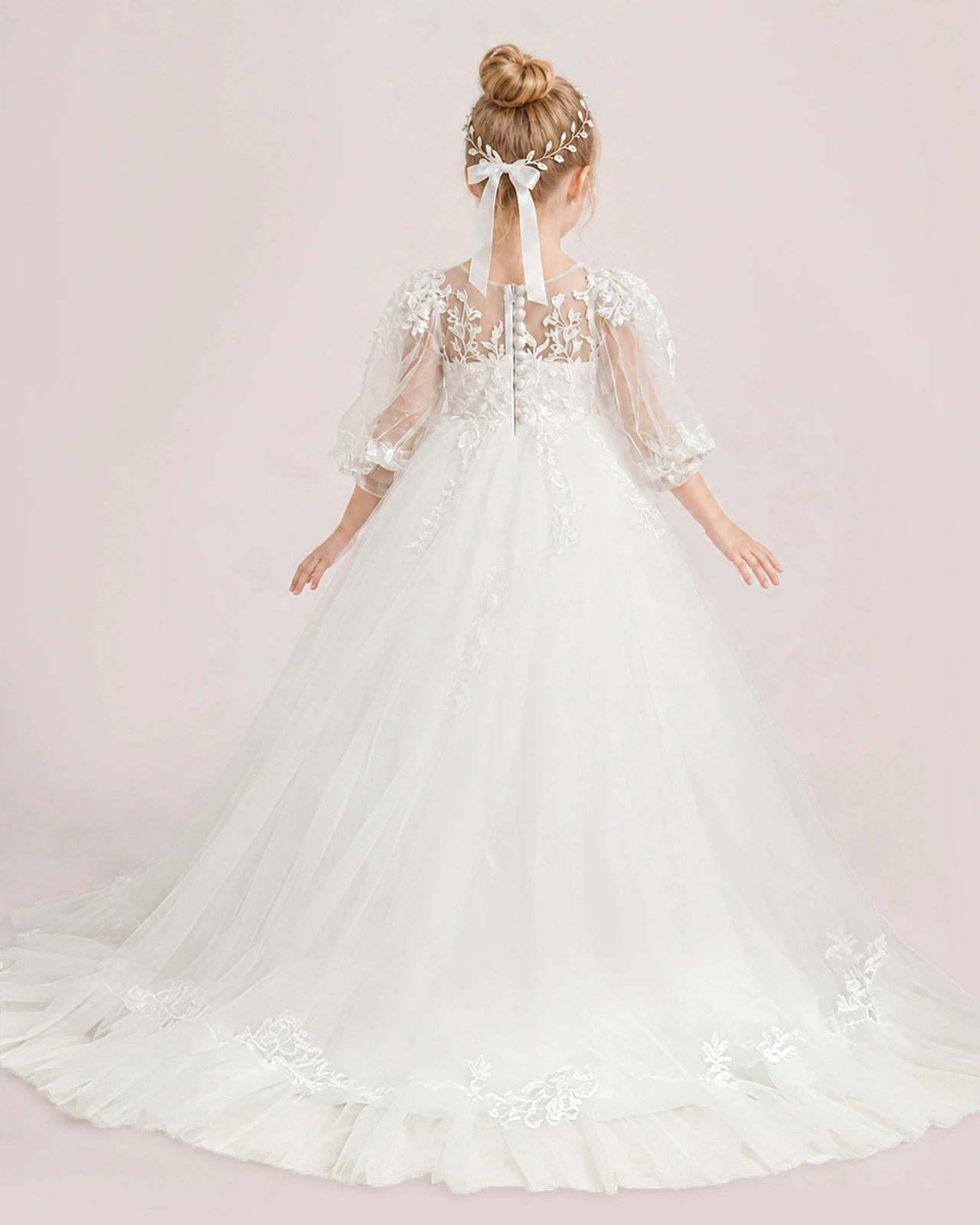 Ivory First Communion Dresses Sheer Lantern Sleeve Lace Trim Tulle Floor-Length Gown Back View