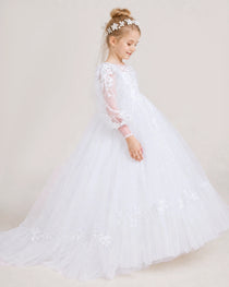 White First Communion Dresses Sheer Lantern Sleeve Lace Trim Tulle Floor-Length Gown Side View
