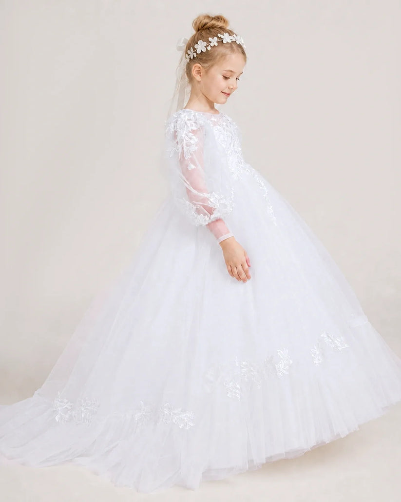 White Tulle Ball Gown First Communion Dress Side View