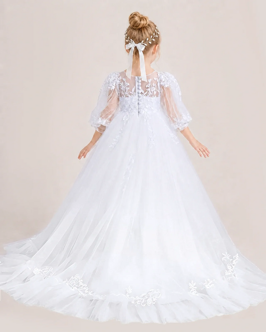 White Tulle A-line First Communion Dress Back View