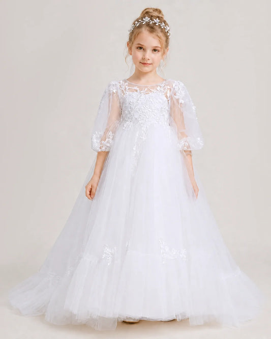 White Tulle A-line First Communion Dress Front View