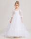 White First Communion Dresses Sheer Lantern Sleeve Lace Trim Tulle Floor-Length Gown Front View