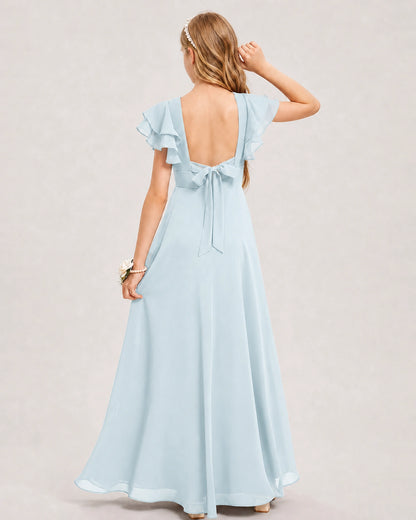 Baby Blue Junior Bridesmaid Dress Ruffle Sleeve Chiffon Long Maxi Gown Back View