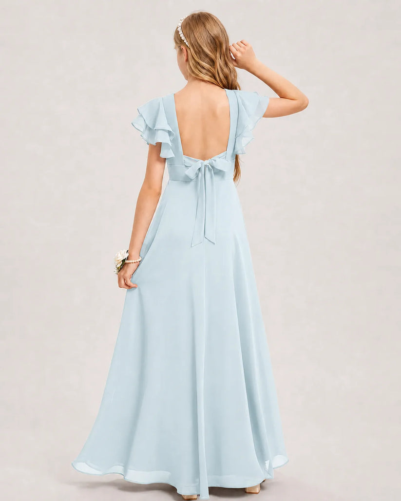 Baby Blue Chiffon A-line Junior Bridesmaid Dress Back View