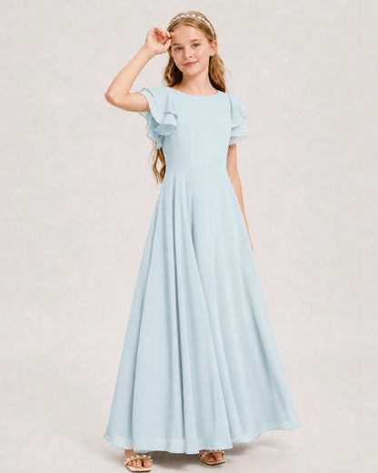 Baby Blue Junior Bridesmaid Dress Ruffle Sleeve Chiffon Long Maxi Gown Side View