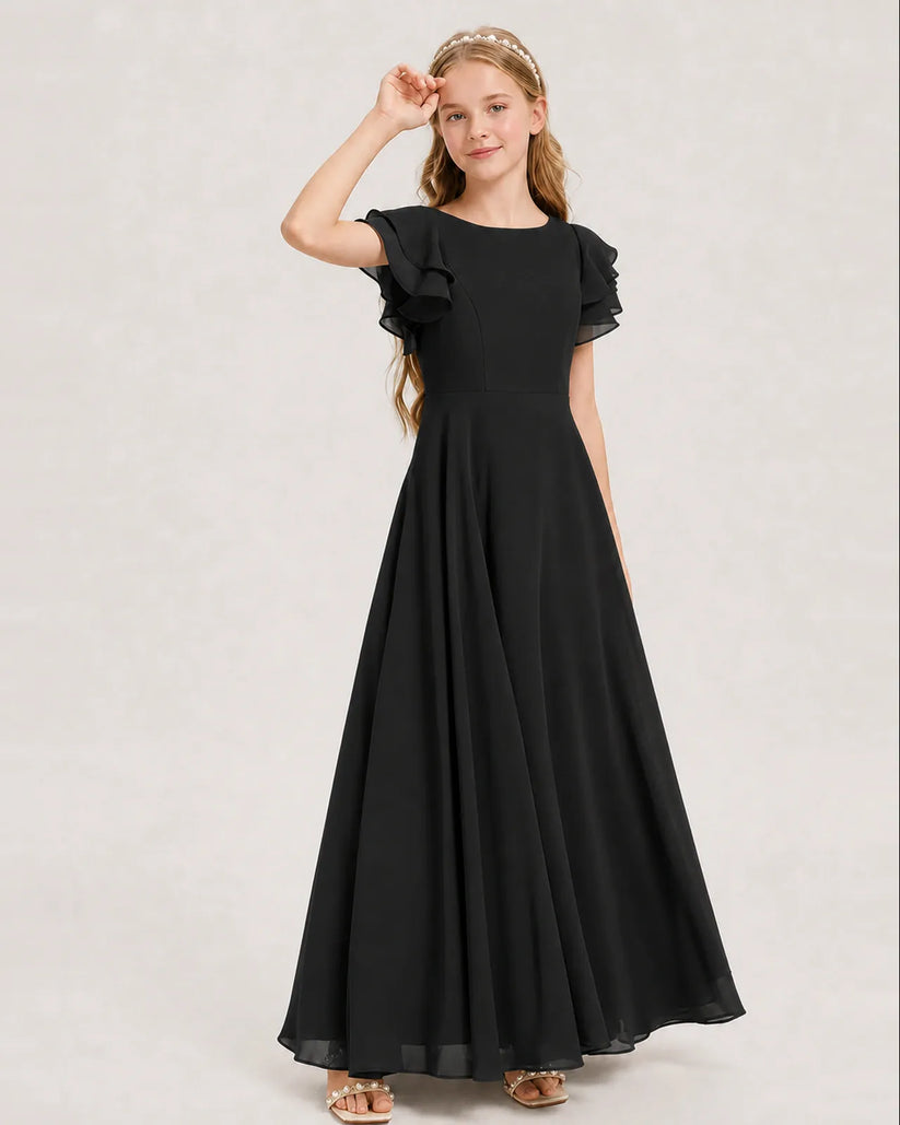 Black Chiffon A-line Junior Bridesmaid Dress Front View