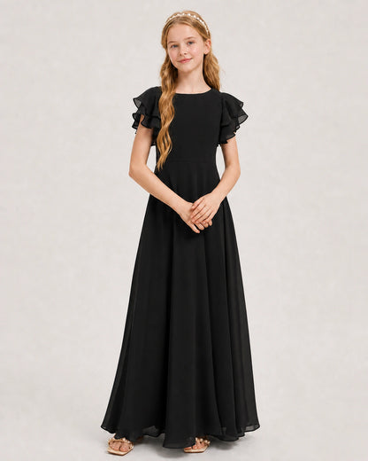 Black Junior Bridesmaid Dress Ruffle Sleeve Chiffon Long Maxi Gown Front View