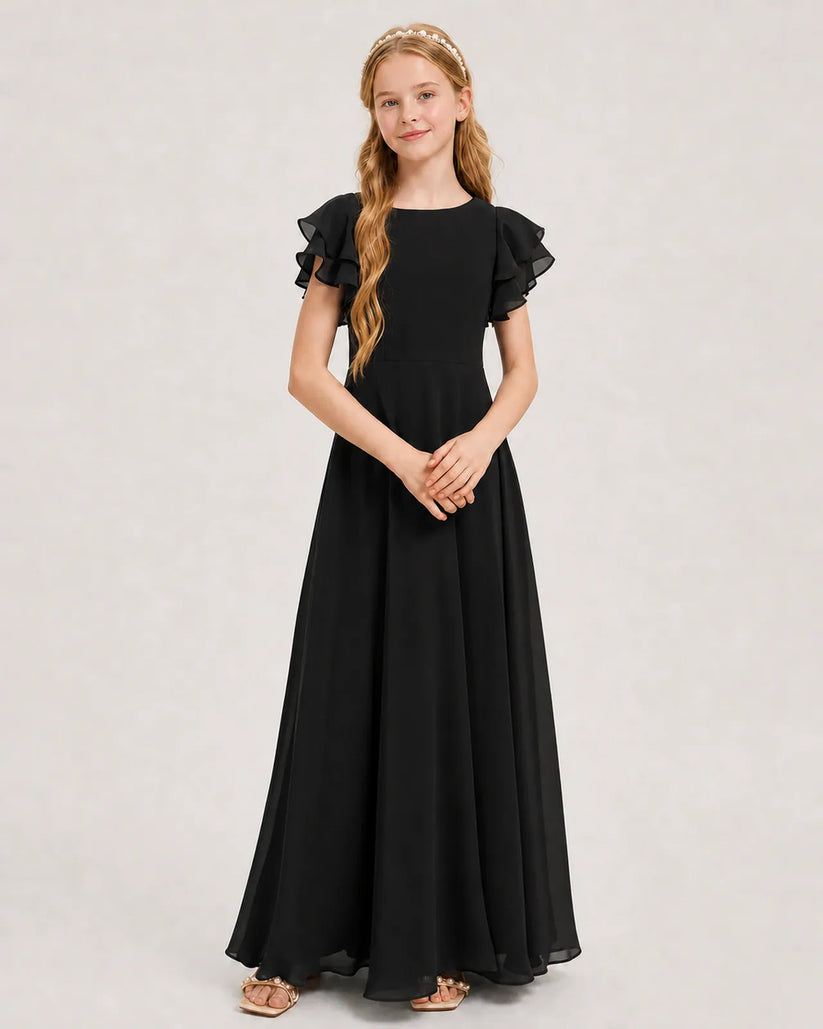 Black Chiffon A-line Junior Bridesmaid Dress Front View