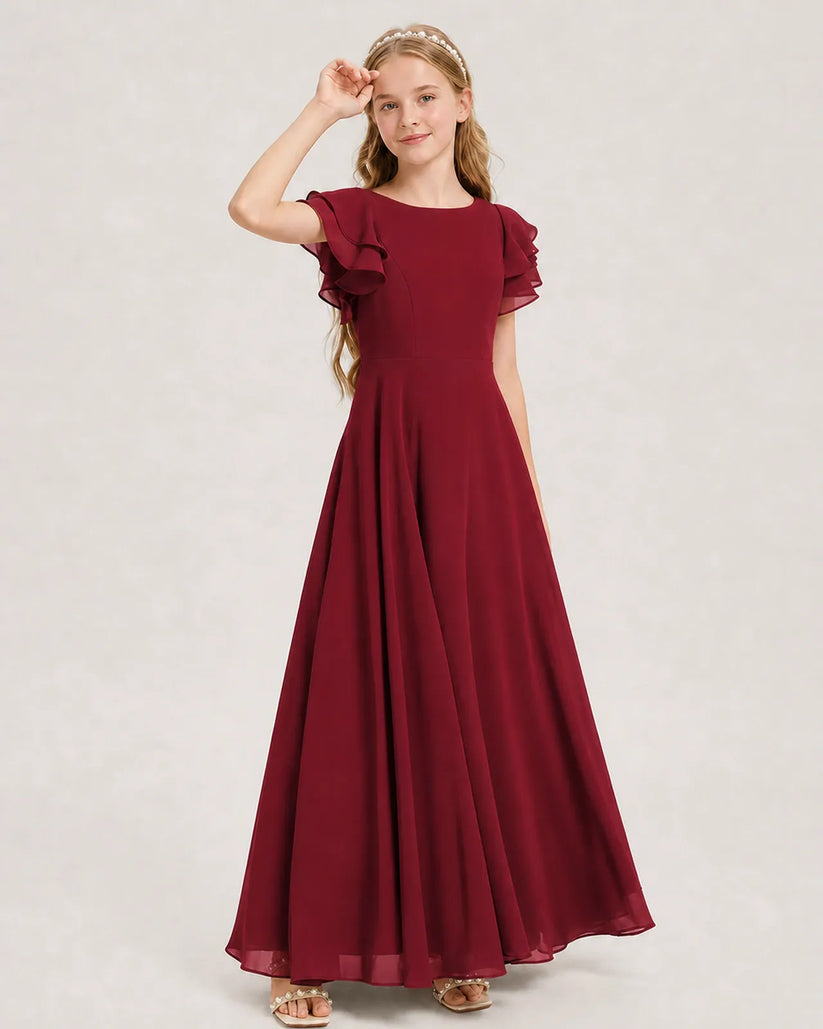 Burgundy Chiffon A-line Junior Bridesmaid Dress Front View