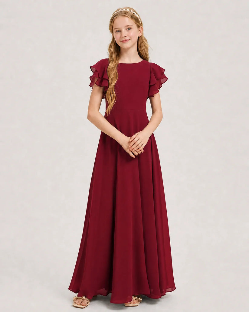 Burgundy Chiffon A-line Junior Bridesmaid Dress Front View
