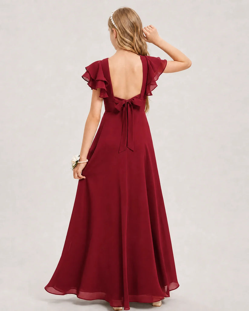 Burgundy Chiffon A-line Junior Bridesmaid Dress Back View