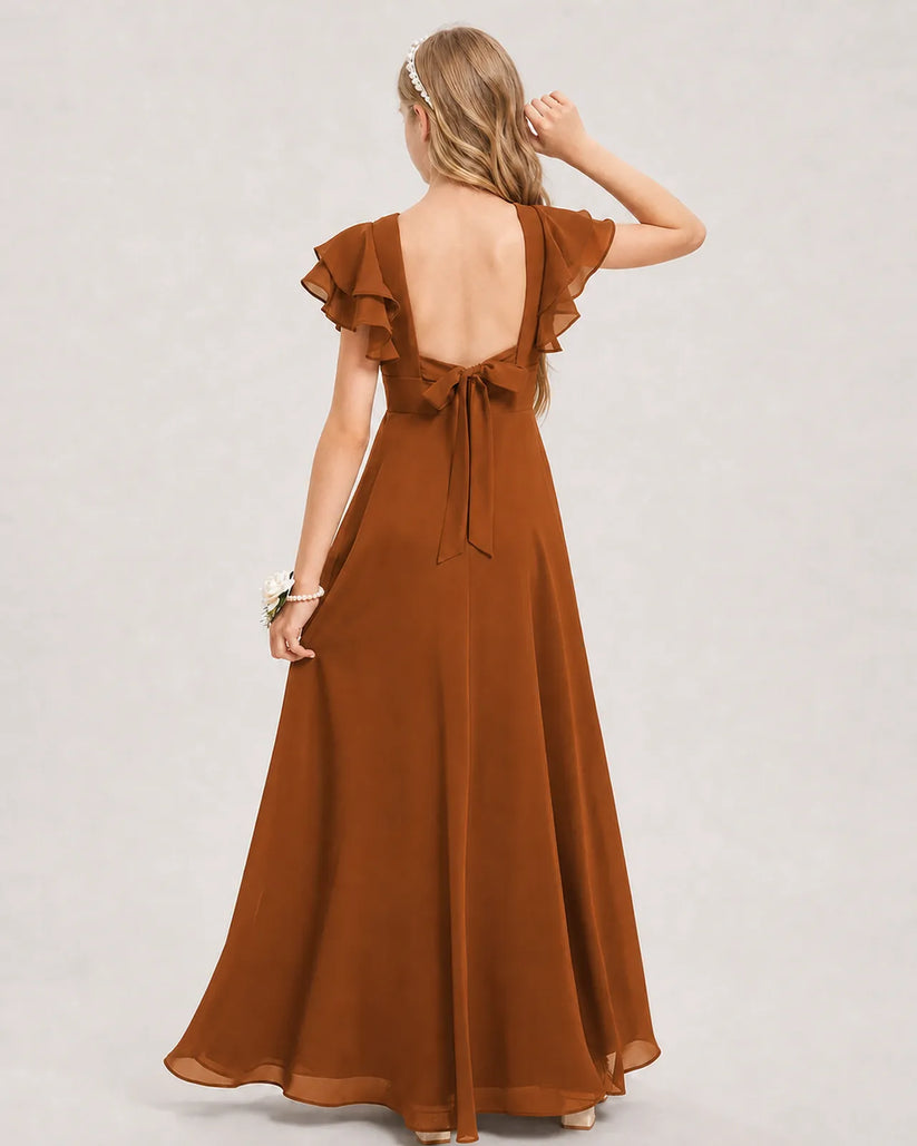 Burnt Orange Chiffon A-line Junior Bridesmaid Dress Back View